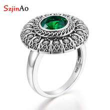 Szjinao-Anillo de piedras preciosas verdes para mujer, Esmeralda redonda, anillos de plata de ley 925 auténtica para mujer, tallar Fower 2020, joyería fina de la marca de primavera 2024 - compra barato