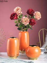 Jarrón de cerámica naranja de estilo chino, jarrones a rayas doradas, decoración de escritorio, arreglo de flores artificiales, decoración moderna para el hogar 2024 - compra barato