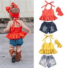 Conjunto de ropa de verano para niñas pequeñas, camisetas rojas con volantes, diademas denimcortas, 3 uds. 2024 - compra barato