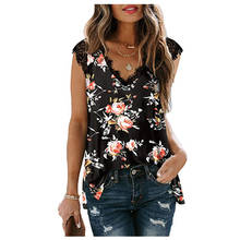 New 2021 Women Summer Flowers Print Blouse Casual V-Neck Shirt Sleeveless Loose Blouses Lady Lace Patchwork Shirts Pullover Top 2024 - buy cheap