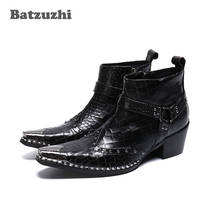 Batzuzhi Fashion Men Boots Pointed Metal Tip Black Genuine Leather Boots Ankle Motorcycle Boots Punk 6.5cm High Heels 2024 - buy cheap