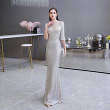Elegant Long Party Dresses Silver Sequin Mermaid Evening Gowns Half Sleeve Beading High Neck Walk Beside You Sparkly Formal Prom 2024 - buy cheap