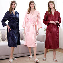 Roupão feminino fino de cetim, pijama listrado sexy plus size, camisola feminina para casamento 2024 - compre barato