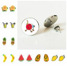 Monstera Leaf Glass crystal earrings Pineapple Fruit Juice Watermelon Banana Stud Earrings Summer Holiday Cabochon glass Earring 2024 - buy cheap