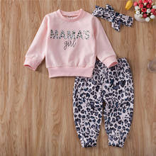 Free shipping Newborn Baby Girls Clothes round neck MAMA'S girl T-shirts Leopard print Pants bow Headband 2pc Toddler Outfits 2024 - buy cheap