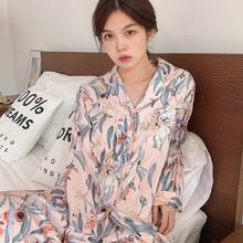 All Seasons Ladies Pajamas Set  Women's Silk Satin Long-Sleeved Cardigan+Pants 2Pcs Polyester Sleepwear Tropical Parrot Ice silk 2024 - buy cheap