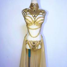 Sutiã com lantejoulas e paetês dourado, roupa para palco, baile curta, design de cristal, vestido de festa, dj, cantoras, fantasia 2024 - compre barato