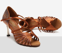 Zapatos de baile latino de satén para mujer, calzado con diamantes de imitación, de color bronce y negro, para fiesta de Salsa, salón, zapatos de baile de barra, 2021 2024 - compra barato