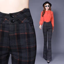 Pantalones ajustados de lana a cuadros para mujer, pantalón informal de oficina, de lana, acampanados, gruesos, de invierno 2024 - compra barato