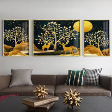 Pintura abstrata de tela com lua de dourado, impressão de paisagem, árvore, pintura de 3 peças, imagem de arte de parede para sala, decoração de casa sem moldura 2024 - compre barato