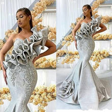 Silver One Shoulder Evening Dresses Long Lace Appliqued Mermaid Prom Dress Luxury Beaded Ruffles Formal Party Gowns 2020 2024 - buy cheap