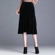 Winter Fall Fashion Woman High Waisted Ruffles Black Velvet Trumpet Skirt , Korean Office Lady 4xl Slim Mermaid Skirts for Women 2024 - buy cheap