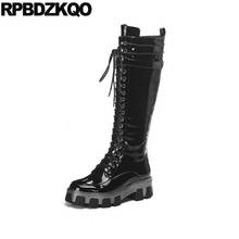 2021 Lace Up Long Platform Creepers Tall Black Muffin Luxury Brand Shoes Women Flatform Patent Leather Harajuku Knee High Boots 2024 - buy cheap