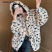 Alta qualidade inverno mantenha quente tamanho grande com capuz jaqueta de pele falsa de leopardo casaco feminino casual manga comprida vestuário 2024 - compre barato