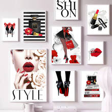 Fashion Girl Red Lips Rose Wall Poster Print Perfume Bag Wall Art Modern Canvas Painting Wall Pictures For Living Room Decor 2024 - buy cheap