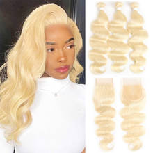 Brazilian Honey Blonde Bundle With Closure 613 Colored Body Wave Hair Weave Bundles With Closure Remy Hair Bundles 3 PCS KEMY 2024 - buy cheap