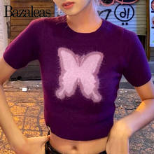 Bazaleas harajuku Women T-shirt Streetwear Knitted butterfly Sexy Purple Crop Top Fashion short Sleeve Cropped t shirt women 2024 - buy cheap