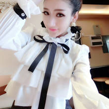 2020 Spring Autumn Women White Blouses Tops Princess Tie Bow Ruffles Blouse Ladies Flare Sleeve Chiffon Shirt Blusas Tops 2024 - buy cheap