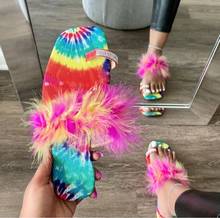 2021 summer women color printing single finger buckle rhinestone slippers ostrich hair fluffy outdoor leisure all-match sandals 2024 - buy cheap