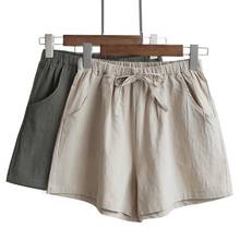 Pantalones cortos de lino y algodón para mujer, Shorts holgados, informales, de cintura alta, Color liso, para verano 2024 - compra barato