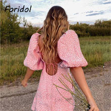 Foridol Leopard Print Satin Pink Summer Dress Women Sexy Backless Lace Up Party Mini Dress Lantern Sleeve Vintage Boho Dress 2024 - buy cheap