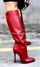 Для женщин сексуальный острый носок красная кожа высокий тонкий каблук сапоги до колена с боковой молнией на шнуровке; длинные, с высоким каблуком ботинки формальная Свадебная обувь 2024 - купить недорого