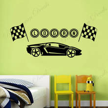 Banderas de coche de carreras con nombre personalizado para niño, pegatina de pared de dibujos animados de vinilo, decoración del hogar, habitación de niños, calcomanías extraíbles, Mural A821 2024 - compra barato