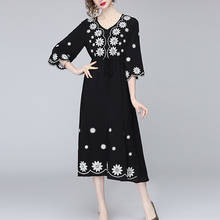 Summer New Casual Elegant Office Lady Holiday Party V-Neck Flared Sleeve Embroidered Solid Color Women's Clothing Long Dress 2024 - buy cheap