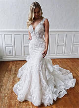 Vintage Mermaid Lace Wedding Dresses Sexy Deep V-Neck Slim Bridal Gowns Ruffles Backless Spring Plus Size Vestidos De Marriage 2024 - купить недорого