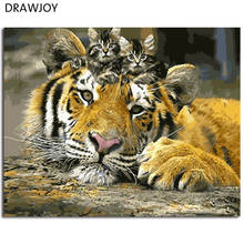 Drawjoy tigre e gato emoldurado diy pintura a óleo por números na lona colorir por números para decoração de casa 2024 - compre barato