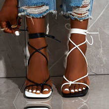Sandálias femininas, sapatos de salto fino com amarração frontal, 9cm, preto e branco, tamanhos grandes, 35 a 42 2024 - compre barato