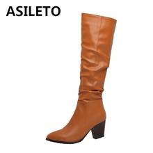 ASILETO Autumn Slouchy Women Knee-high Motorcycle boots Pointed toe Square Heel PU Zipper Big size 33-46 Black Brown Club S1949 2024 - buy cheap