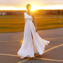 UZN Elegant Wedding Dress 2021 A-Line Illusion Long Beading Sleeves Scoop Neck High Side Split Chiffon Bridal Gown Custom Made 2024 - buy cheap