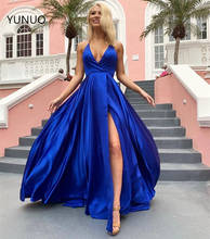 YUNUO Satin V-neck Halter Top Prom Dresses Party Gowns with Skirt Slit Pockets Sexy A Line Formal Dress Vestidos De Fiesta 2024 - buy cheap