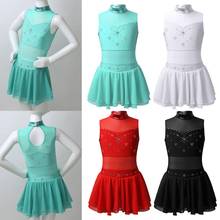 Kids Girls Sleeveless Metallic Tulle Splice Cutouts Rhinestone Ice Figure Skating Dress Ballet Gymnastic Leotard Dance Costume 2024 - buy cheap