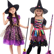 Fantasia infantil feminina, bruxa, roxa com vassoura, para festa de halloween, adereços para meninas 2024 - compre barato