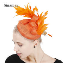 Sombrero de lino de 4 capas para mujer, tocado elegante de alta calidad, naranja, rojo, Sinamay, pluma de boda 2024 - compra barato