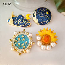 Xedz azul dos desenhos animados céu estrelado lua sol esmalte broche moda pérola strass flor espelho redondo girassol distintivo jóias presente 2024 - compre barato