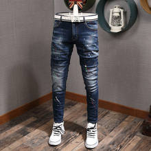 Fashion Streetwear Men Jeans Retro Blue High Quality Slim Fit Paint Designer Jeans Men Elastic Denim Pants Hip Hop Jeans Homme 2024 - buy cheap