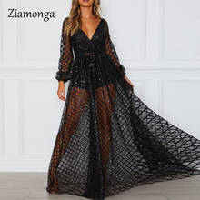 Ziamonga 2020 Fashion Style Spring Women Lantern Sleeve Sequined Dresses Summer A-Line Mesh Dress Long Sexy Dress Vestidos 2024 - buy cheap