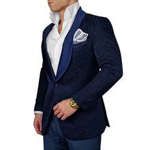 New Blazer Men Groom Tuxedos One Button Navy Blue Paisley Shawl Lapel Groomsmen Best Man Suit Mens Wedding Suits (jacket+pants) 2024 - buy cheap