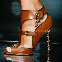 Sandalias de diseñador de lujo para mujer, zapatos con tacón de Metal alto y Punta abierta, con correa en T, de cuero, para verano 2024 - compra barato