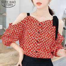 Summer Print Chiffon Shirt 2021 New Korean Style Shirt Fashion Polka Dot Tie V-neck Off Shoulder Women Blouses and Tops 5016 50 2024 - buy cheap