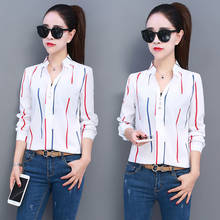 Moda mulher blusas 2021 coreano listrado branco manga longa camisa feminina chiffon blusa tops camisas de escritório 2024 - compre barato