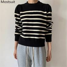 Korean Striped Knitted Women Sweaters 2020 Autumn Puff Sleeve O-neck Tops Pullovers Simple Fashion Casual Ladies Jumpers Femme 2024 - buy cheap