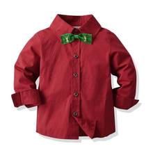 Новогодняя Детская рубашка с длинным рукавом для мальчиков детская хлопковая винно-красная одежда весна-осень праздвечерние чная Одежда с бантом топы с галстуком 2024 - купить недорого