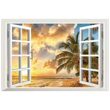 Adesivo 3d de vinil para janela, visão do mar, palmeira da praia, pôr do sol, arte de parede, mural, decoração para casa, papel de parede perfeito, 90*60cm 2024 - compre barato