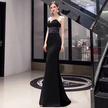 Luxury Black Satin Prom Dress Mermaid Strapless Sequins Beads Floor Length Formal Sweep Train Wedding Party Guests Evening Gowns 2024 - buy cheap