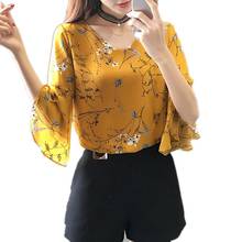 Blusa de chifón con estampado floral para verano, camisa elegante de talla grande para mujer, Media manga acampanada, cuello en V, 2021 2024 - compra barato