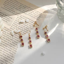 Korean Style Temperament Retro Wine Red Oil Drop 3D Square Pendant Earrings Female Long Tassel No Ears Hole Earrings Ear Clips 2024 - buy cheap